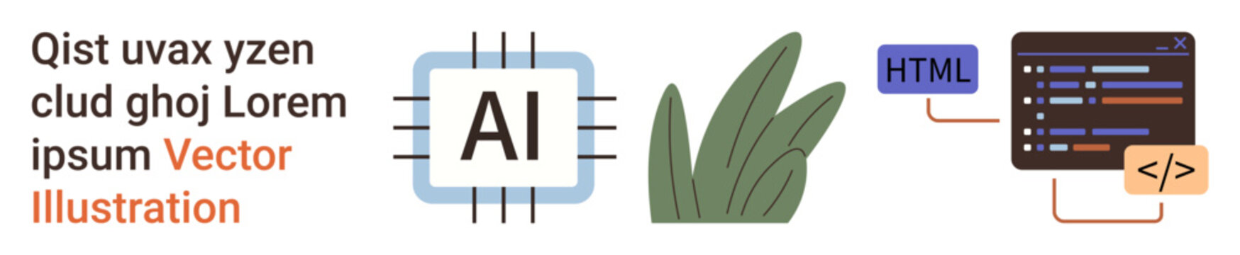 Artificial intelligence, data development, coding, nature tech integration, web design, communication. Chip with AI text, grass HTML code elements. Artificial intelligence and data development