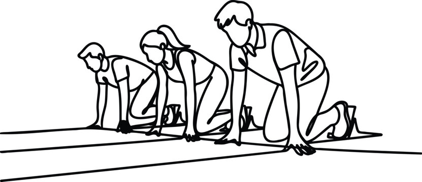 Three runners in starting positions on a track line drawing