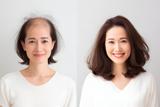 Before-and-after photos of a woman whose hair volume improved before and after hair removal treatment