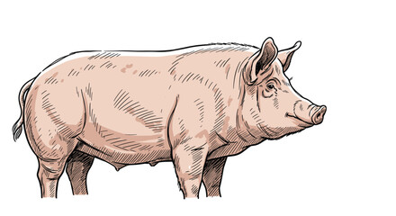 Fototapeta premium Detailed hand drawn illustration of a domestic pig in profile view showing realistic skin texture and features.
