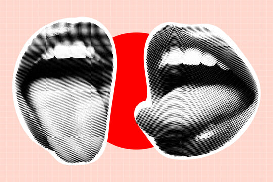 Pop art style illustration of two mouths with tongues sticking out, halftone texture, a pink grid background with a red circle