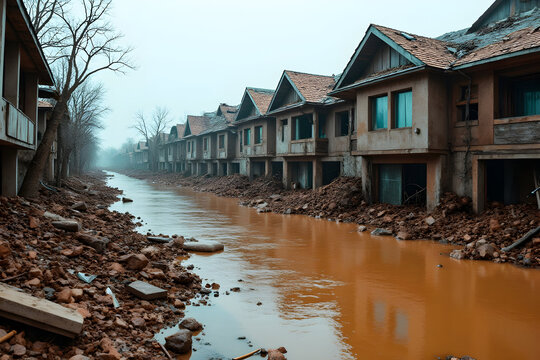 Residential neighborhood flooded by debris flow with thick muddy water and erosion