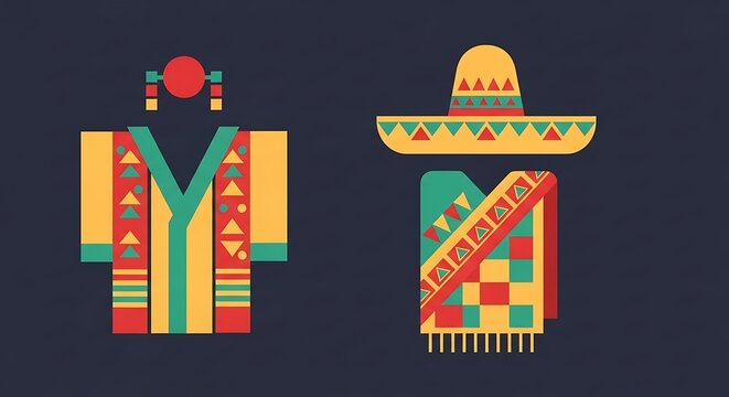 Simplified graphic of traditional attire, including a tunic with jewelry and a sombrero with a poncho