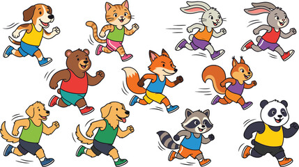Obraz premium Cute Cartoon Running Animal Character Set Featuring Dog, Cat, Bear, Fox, Rabbit, Panda, and Raccoon in Athletic Outfits for Sports Branding, Children's Illustration, and Fitness Related Designs