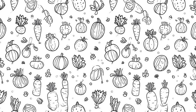 Black and white illustration of various hand-drawn vegetables arranged in a seamless repeating pattern