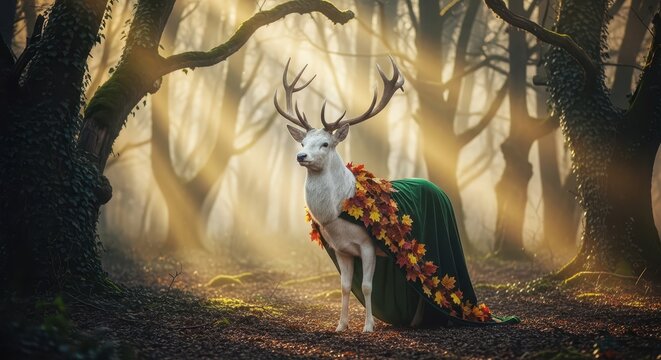 Majestic white stag wearing velvet cloak with autumn leaves in forest