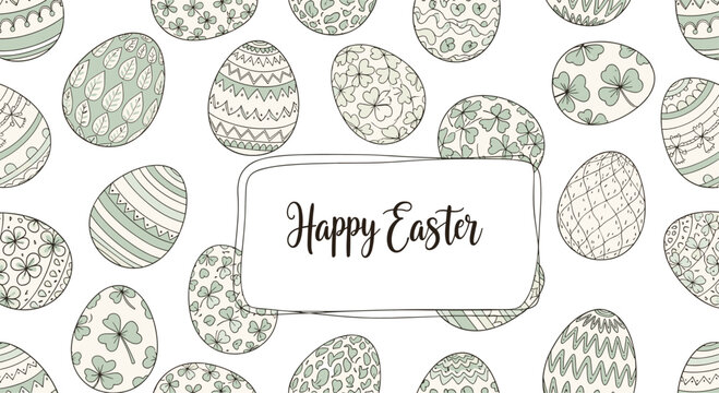Seamless pattern of hand drawn Easter eggs with various floral and geometric designs surrounds a central Happy Easter greeting.