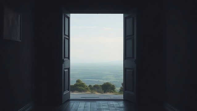 inwardly. An open doorway framing a bright landscape outside, contrasting with a dark interior. travel magazines, destination branding, designed for travel destination branding.