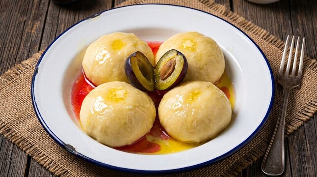 Delicious Plum Dumplings Served in a Rustic Bowl with Fresh Fruit.