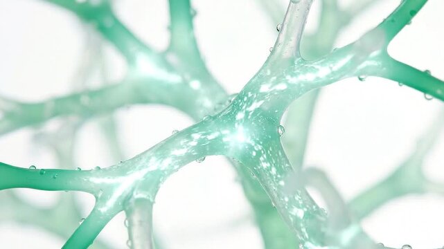 Abstract macro of translucent green neural branching structures with glowing light particles and water droplets moving through organic nodes on white
