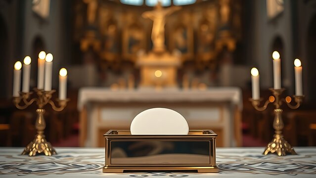 pyx. Open pyx containing white communion wafer on altar, illuminated by candlelight, still composition. event programs, museum guides, designed for cultural heritage projects and event programs.