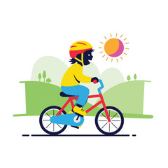 Fototapeta premium A child riding a red bicycle on a sunny day with hills