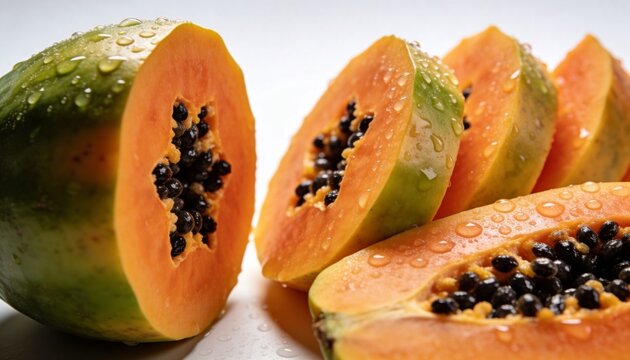 Fresh cut papaya fruit with seeds on white background, healthy tropical food