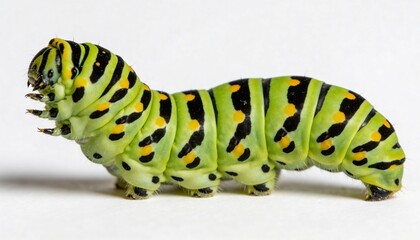 Naklejka premium Vibrant green caterpillar with black and yellow spots crawling on white surface