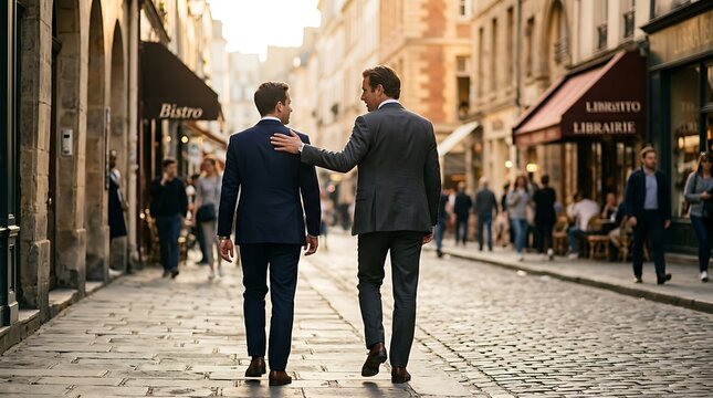 Two businessmen walking down a cobblestone street, one with his arm around the others shoulder.