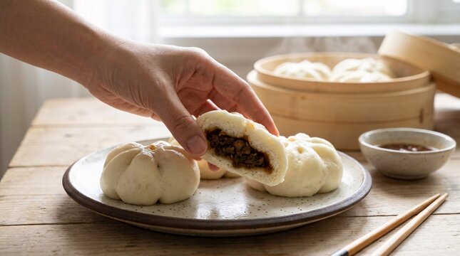 Steaming Hot Savory Pork Buns Being Served with Dipping Sauce.