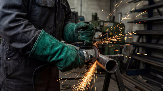Close-up of industrial worker using an angle grinder to cut metal pipe, creating vibrant sparks in a workshop