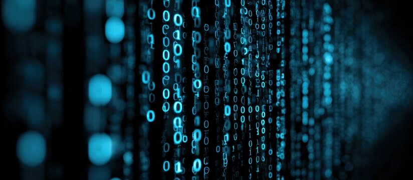 Blue binary code stream on a dark computer screen displaying digital information data