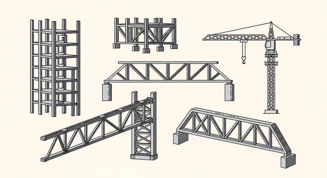 Line art illustration displaying various architectural components, including support structures and a crane, on a beige backdrop