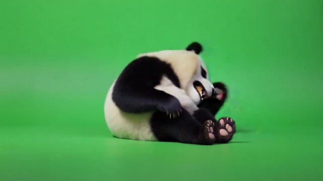Cute plush panda toy lying relaxed on bright green background, playful lifestyle concept