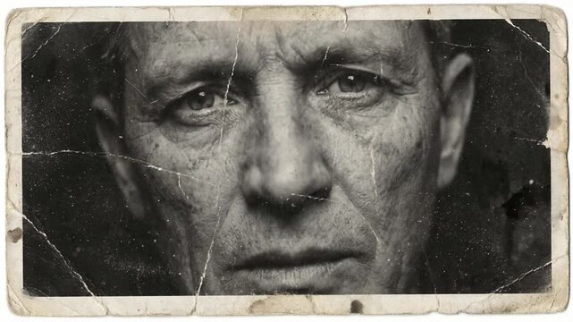 Spooky blonde girl in worn black and white photo concept. Close-up vintage black and white portrait of an elderly man with closed eyes showing wrinkles and emotion