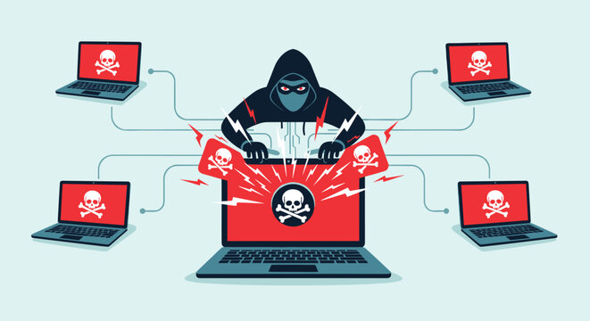 Distributed denial of service attack simulation shows a central hacker using a laptop to coordinate multiple malicious computers with skull icons.