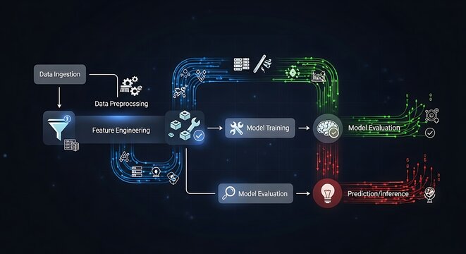 Data science diagram outlines machine learning pipeline stages.