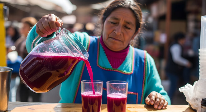 Close up of a woman pouring a vibrant purple beverage from a glass pitcher into small glasses at an outdoor market