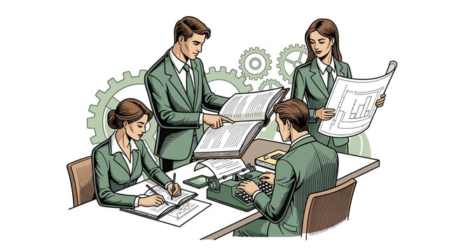 business team working together on a project with blueprints