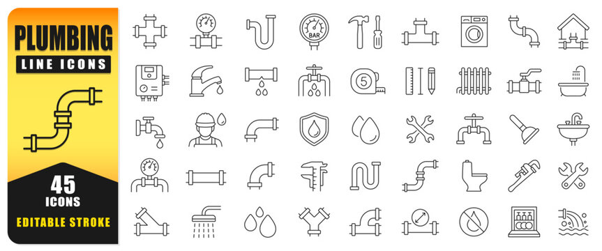 Plumbing Line Icon Set Featuring Editable Stroke Vector Symbols Of Pipes, Water Systems, Tools, And Maintenance. Clean Modern Design Ideal For Web, Apps, Construction Projects, And Infographics.