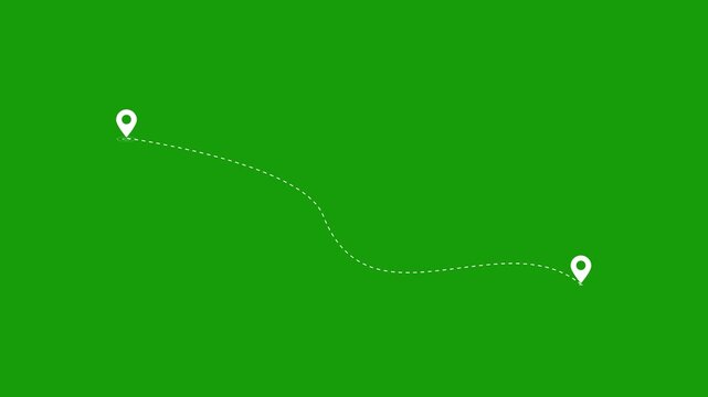 Two Location Point Connection with Lines, Location Pin Pointer. Travel path animation connecting two map markers with dashed
