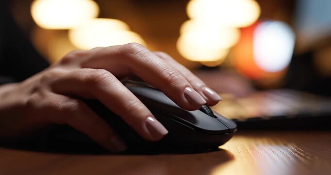 Close-up of a hand using a computer mouse on a wooden desk with blurred background lights