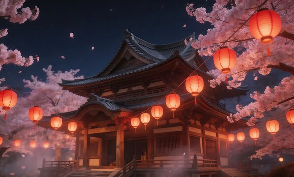 Beautiful Japanese Temple Illuminated by Red Lanterns Amidst Cherry Blossoms at Night
