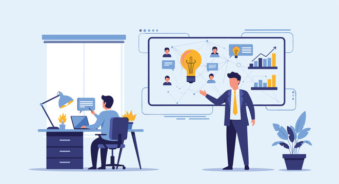 Business manager gives a strategic presentation to a colleague in an office using a large digital whiteboard with data.