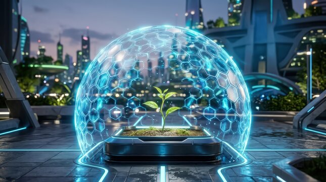 Futuristic plant protected by glowing hexagonal energy shield in modern smart city environment symbolizing ecological innovation and green technology