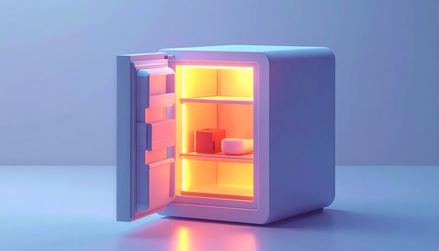 Futuristic, opened safe with two shelves, illuminated interior, and objects