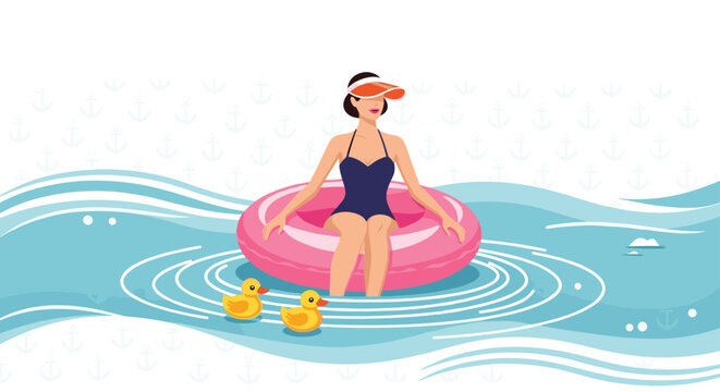 Stylish woman relaxing on a pink inflatable ring in a swimming pool surrounded by small yellow rubber ducks and waves.