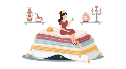 Fototapeta premium Princess sitting on a very high stack of colorful mattresses and pillows in a royal room with a small green pea underneath.