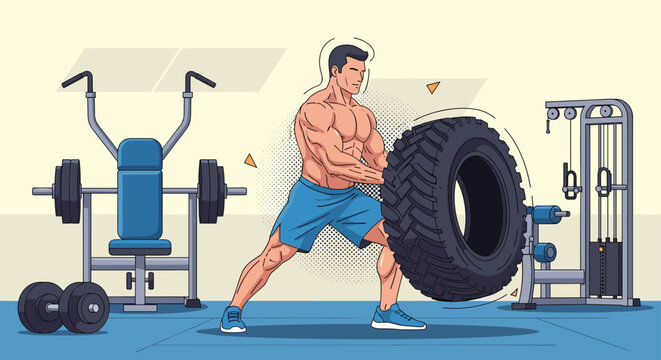 Muscular athlete performing a tire flip exercise in a gym equipped with weight machines and dumbbells for strength training.