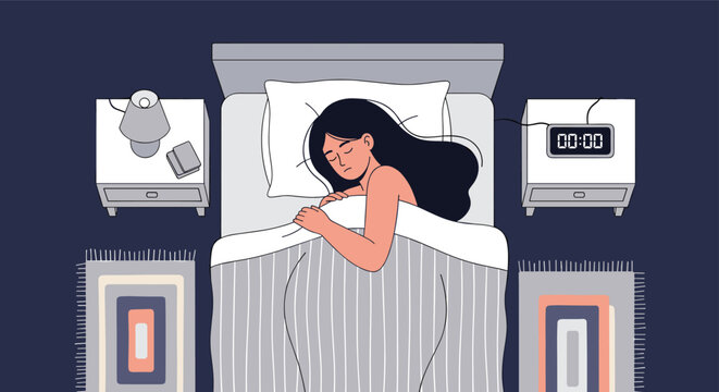 Peaceful young woman sleeping comfortably in her bed at midnight with a digital clock on the nightstand showing exactly 00:00.