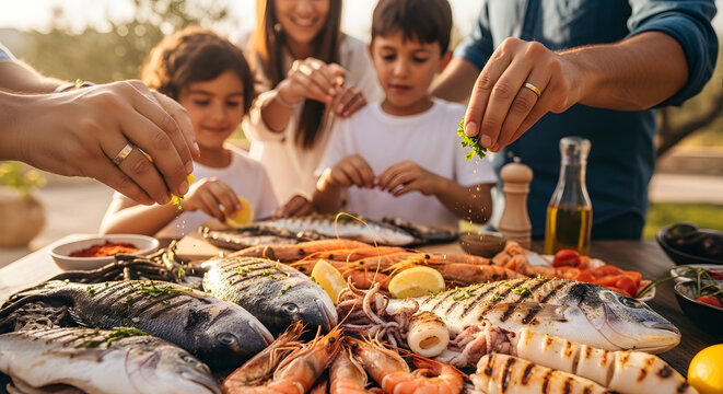 Group of people including children adding herbs and lemon to a large platter of grilled fish and shrimp