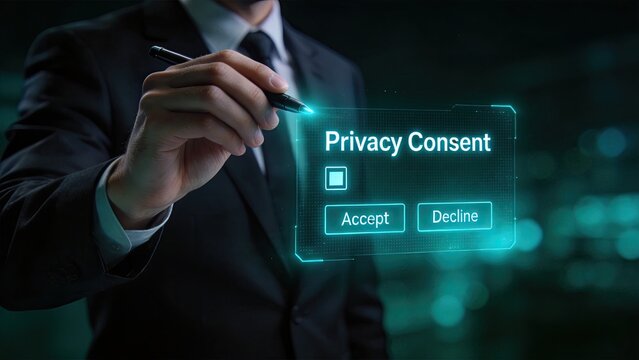 Businessman selecting privacy consent on futuristic holographic interface digital data protection concept cybersecurity GDPR compliance user agreement technology corporate