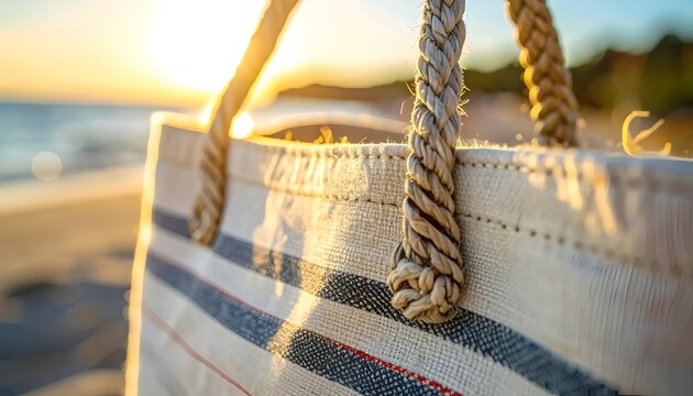 Stylish striped beach bag on a golden sandy beach with blurred ocean and sunset in the background, summer vacation.