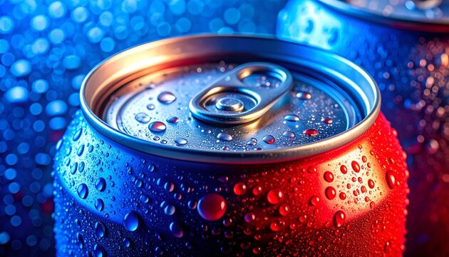 Vibrant red and blue soda cans covered in condensation droplets, dramatic lighting, refreshing cold beverage concept.