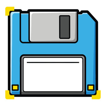 Blue floppy disk icon with gray and yellow details on white background icon