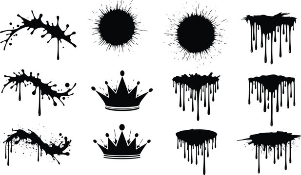 Flat vector illustration of black ink splatter, paint drips, grunge graffiti crown shapes, abstract burst design elements, isolated set