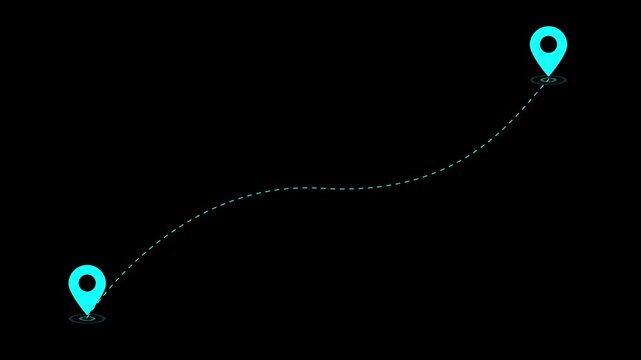 Two Location Point Connection with Lines, Location Pin Pointer. Travel path animation connecting two map markers with dashed