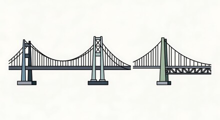 Fototapeta premium Simplified illustration of three bridges. Each bridge features different structural design and appearance, all against a plain white background