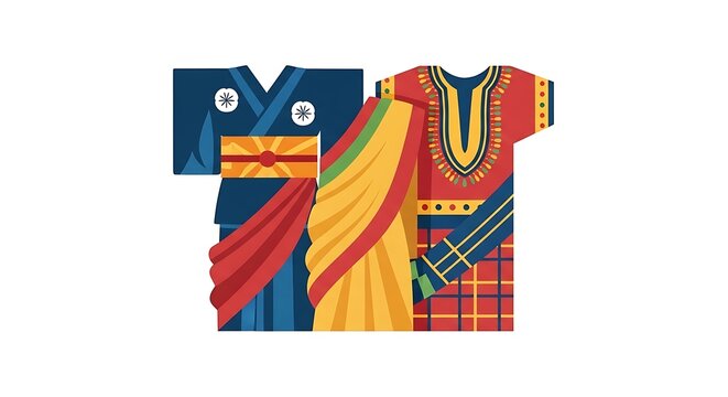 Simplified illustration of three diverse traditional garments. A blue Japanese kimono, a vibrant Indian sari, and a colorful African dashiki are shown