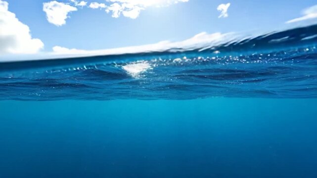 Split-level view of ocean water and sky with clouds and sun, showcasing a tranquil underwater scene